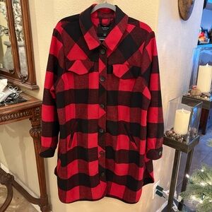 Torrid Women Red Black Buffalo Plaid Wool Blend Long Shacket Size 2 (2X/18-20)